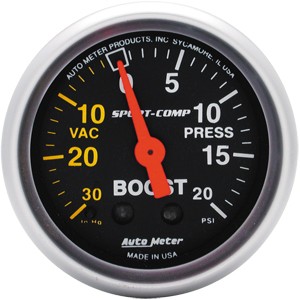 Autometer – Sport-Comp Vacuum/Boost Gauge – 30 In. Hg.-Vac/20 PSI (2-1/16″)